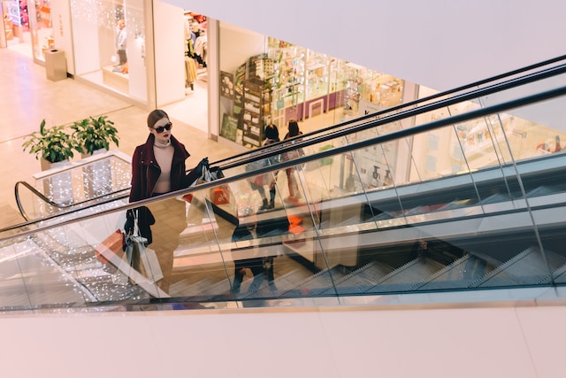 woman holding bag on mall escalator